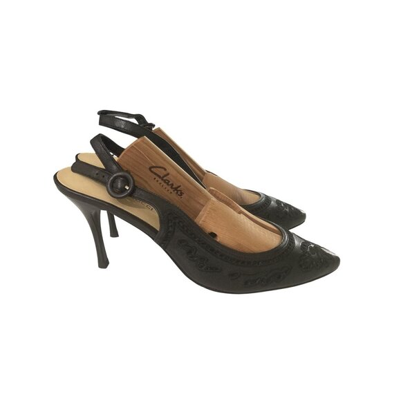 Sesto Meucci womens size 10 Black Leather Embroidered Design Slingback Heels - Picture 5 of 8